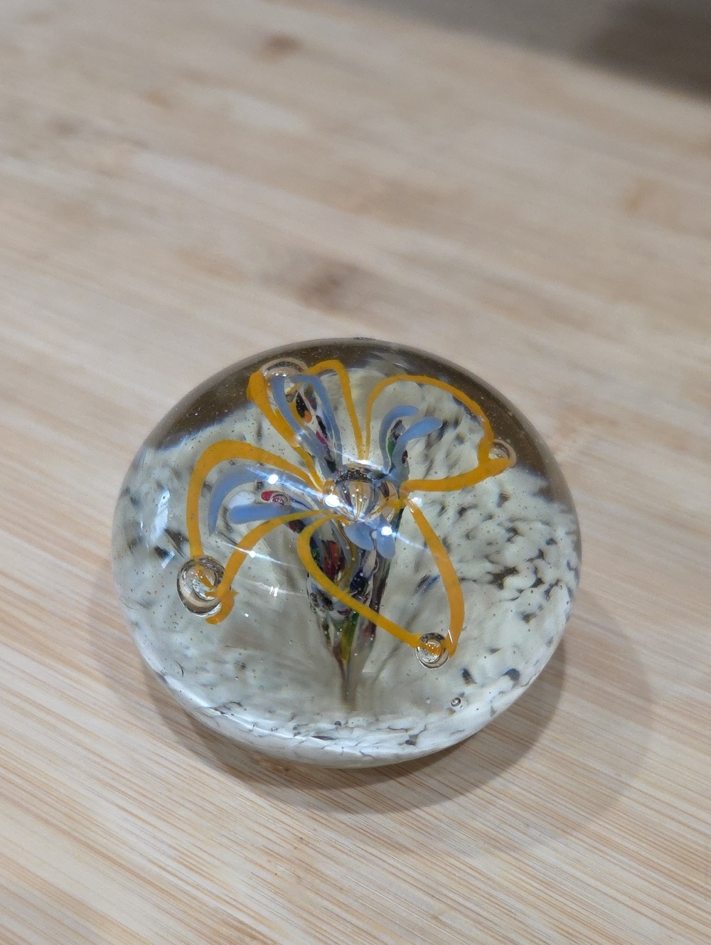 Source Unknown Yellow and Blue Floral Glass Art Paperweight